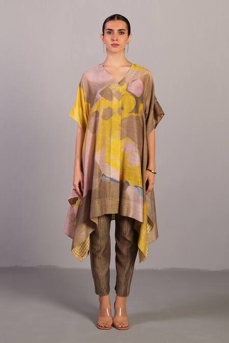 Clos_Beige Linen, Silk V-neck Designer Smoky And Yellow Kurta Set _at_Aza_Fashions