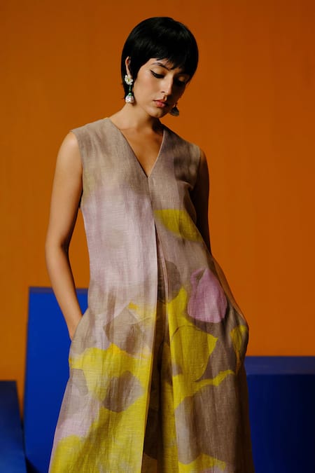 Clos Beige Linen, Silk V-neck Designer Jumpsuit Online at Aza Fashions Clos_Beige Linen, Silk V-neck Designer Jumpsuit _Online_at_Aza_Fashions