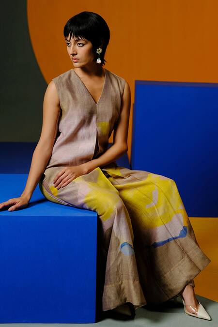 Shop Clos Beige Linen, Silk V-neck Designer Jumpsuit Online at Aza Fashions Shop_Clos_Beige Linen, Silk V-neck Designer Jumpsuit _Online_at_Aza_Fashions