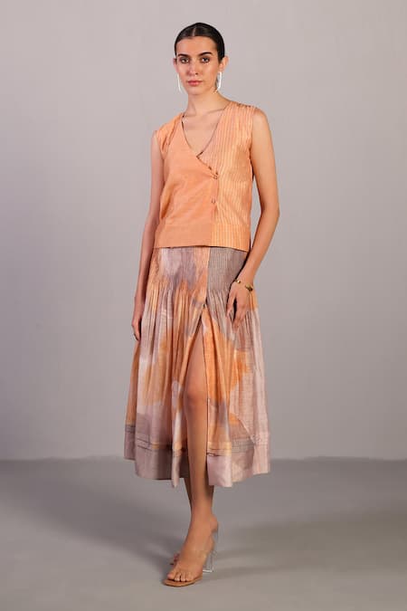 Clos Orange Linen, Silk V-neck Soft Grey And Designer Waistcoat Set 