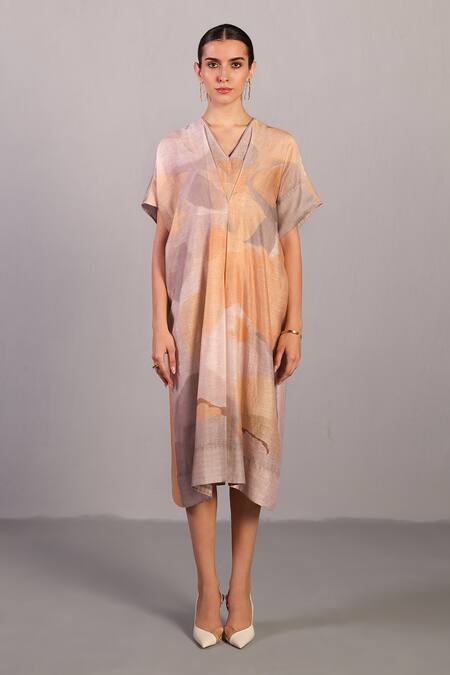 Clos Gray Linen, Silk V-neck Soft Grey And Orange Dress