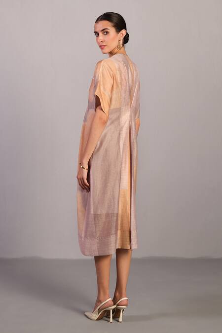 Clos Gray Linen, Silk V-neck Soft Grey And Orange Dress Online at Aza Fashions Clos_Gray Linen, Silk V-neck Soft Grey And Orange Dress _Online_at_Aza_Fashions