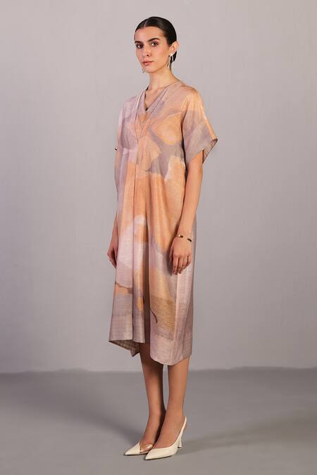 Buy Clos Gray Linen, Silk V-neck Soft Grey And Orange Dress Online at Aza Fashions Buy_Clos_Gray Linen, Silk V-neck Soft Grey And Orange Dress _Online_at_Aza_Fashions