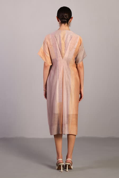 Shop Clos Gray Linen, Silk V-neck Soft Grey And Orange Dress at Aza Fashions Shop_Clos_Gray Linen, Silk V-neck Soft Grey And Orange Dress _at_Aza_Fashions