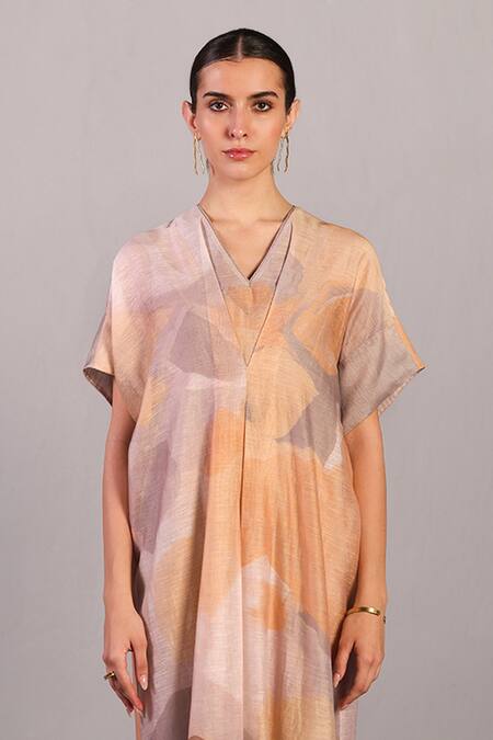 Shop Clos Gray Linen, Silk V-neck Soft Grey And Orange Dress Online at Aza Fashions Shop_Clos_Gray Linen, Silk V-neck Soft Grey And Orange Dress _Online_at_Aza_Fashions