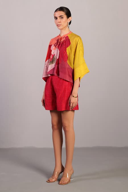 Clos_Orange Linen, Silk Round Neck Designer And Red Shirt & Shorts Set _Online_at_Aza_Fashions