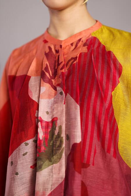 Shop_Clos_Orange Linen, Silk Round Neck Designer And Red Shirt & Shorts Set _Online_at_Aza_Fashions