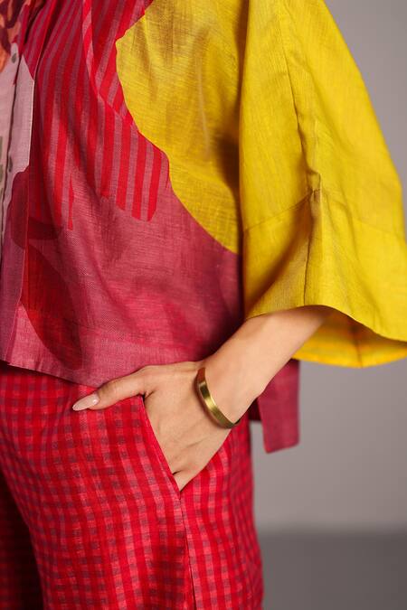 Clos_Orange Linen, Silk Round Neck Designer And Red Shirt & Shorts Set _at_Aza_Fashions