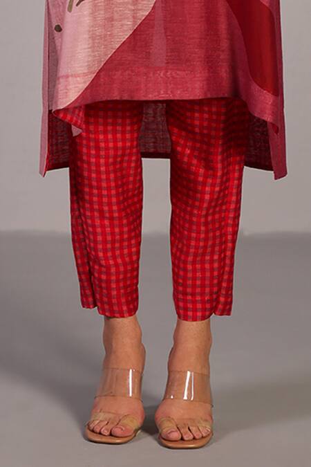Clos_Orange Linen, Silk V-neck Designer And Red Kurta Pant Set _Online_at_Aza_Fashions