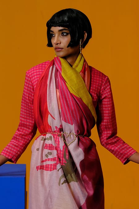 Shop_Clos_Orange Linen, Silk Designer Saree And Blouse Set _at_Aza_Fashions