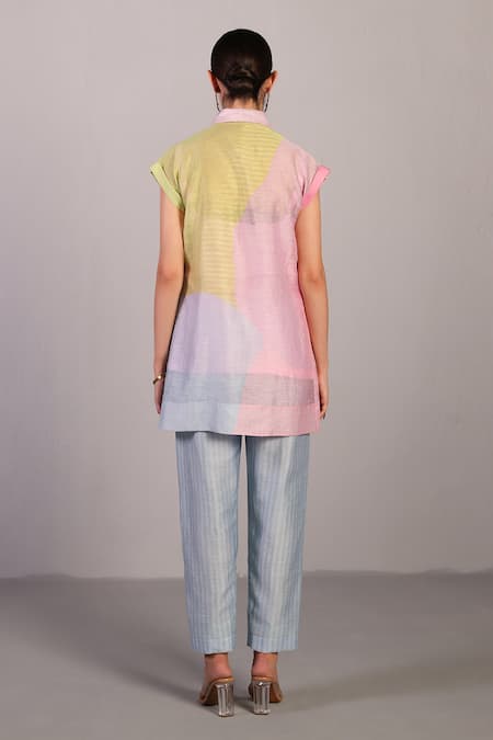 Shop Clos Blue Linen, Silk Collared Designer Shirt And Pant Set at Aza Fashions Shop_Clos_Blue Linen, Silk Collared Designer Shirt And Pant Set _at_Aza_Fashions