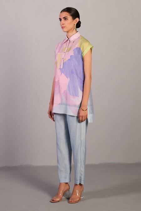 Clos Blue Linen, Silk Collared Designer Shirt And Pant Set Online at Aza Fashions Clos_Blue Linen, Silk Collared Designer Shirt And Pant Set _Online_at_Aza_Fashions