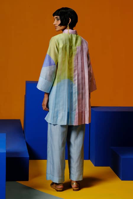 Shop_Clos_Pink Linen, Silk Collared Designer Shirt Tunic And Pant Set _at_Aza_Fashions