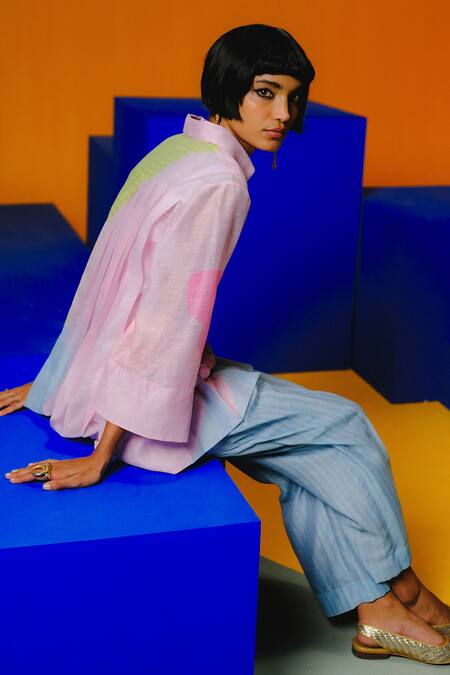 Clos_Pink Linen, Silk Collared Designer Shirt Tunic And Pant Set _Online_at_Aza_Fashions