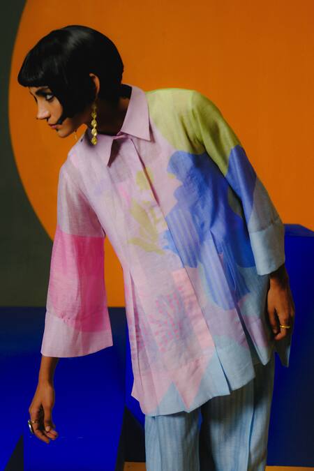 Buy_Clos_Pink Linen, Silk Collared Designer Shirt Tunic And Pant Set _Online_at_Aza_Fashions