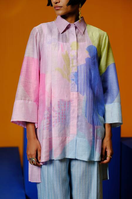 Shop_Clos_Pink Linen, Silk Collared Designer Shirt Tunic And Pant Set _Online_at_Aza_Fashions