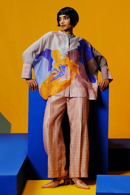 Clos Cobalt Blue & Apricot Printed Tunic Pant Set 