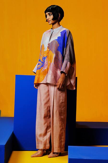 Clos_Cobalt Linen, Silk Collared Blue And Apricot Printed Tunic Pant Set _Online_at_Aza_Fashions