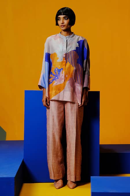 Buy_Clos_Cobalt Linen, Silk Collared Blue And Apricot Printed Tunic Pant Set _Online_at_Aza_Fashions