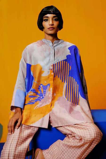 Shop_Clos_Cobalt Linen, Silk Collared Blue And Apricot Printed Tunic Pant Set _Online_at_Aza_Fashions