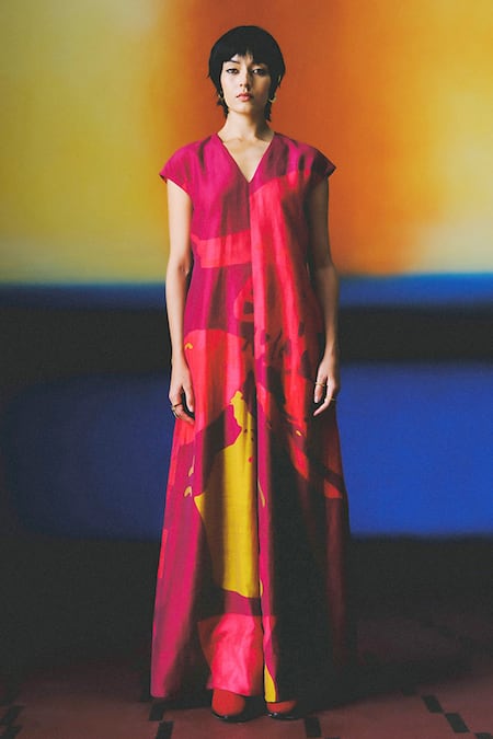 Clos_Maroon Linen, Silk V-neck Designer Deep Red Jumpsuit _Online_at_Aza_Fashions