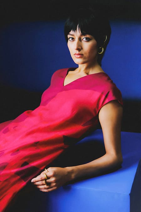 Clos_Maroon Linen, Silk V-neck Designer Deep Red Jumpsuit _at_Aza_Fashions