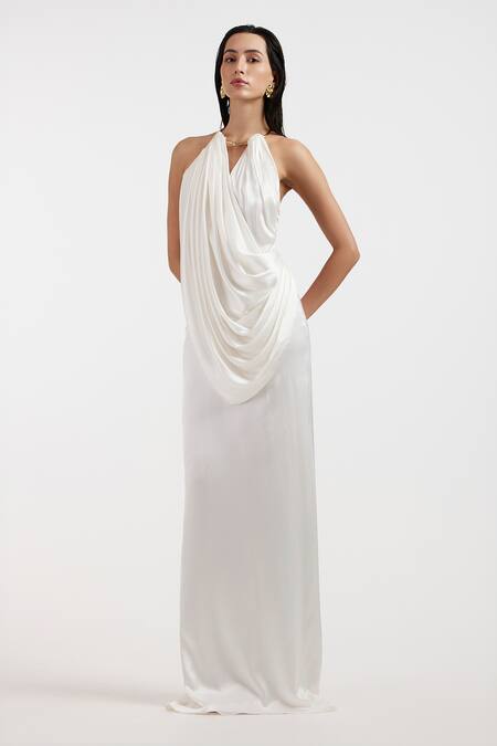 Deme By Gabriella_White Satin Halter Neck Designer Gown _Online_at_Aza_Fashions