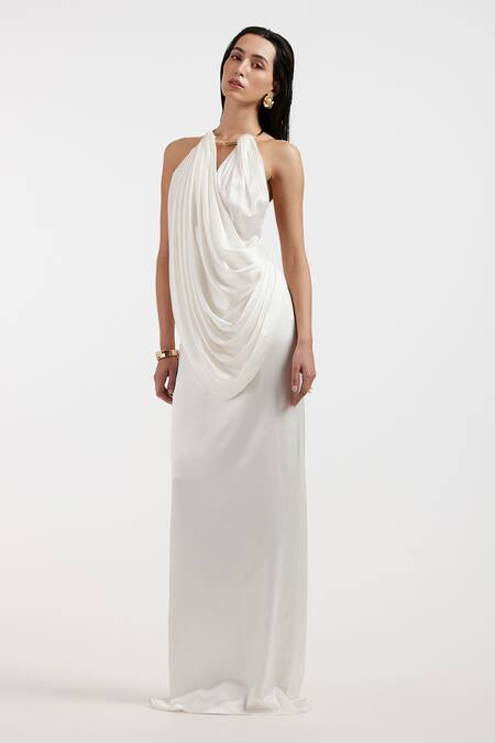 Buy_Deme By Gabriella_White Satin Halter Neck Designer Gown _Online_at_Aza_Fashions
