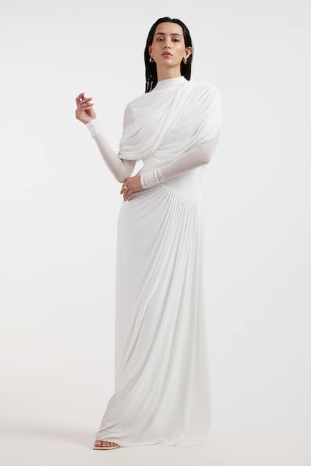 Deme By Gabriella_White Open Neck Designer Valeria Dress _at_Aza_Fashions