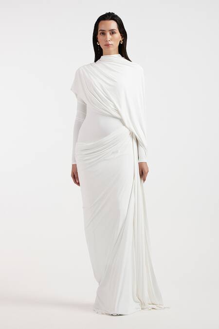 Deme By Gabriella_Off White Asymmetric Designer Gown _Online_at_Aza_Fashions