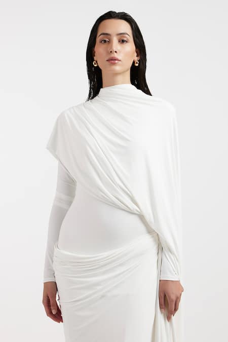 Shop_Deme By Gabriella_Off White Asymmetric Designer Gown _Online_at_Aza_Fashions