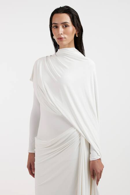 Deme By Gabriella_Off White Asymmetric Designer Gown _at_Aza_Fashions