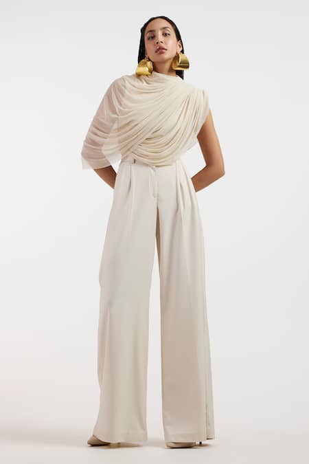 Deme By Gabriella_Off White Designer Pleated Top And Pant Set _Online_at_Aza_Fashions