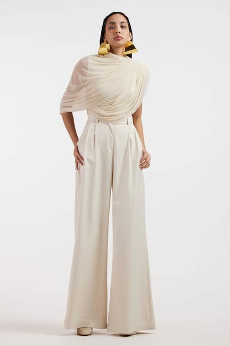 Buy_Deme By Gabriella_Off White Designer Pleated Top And Pant Set _Online_at_Aza_Fashions
