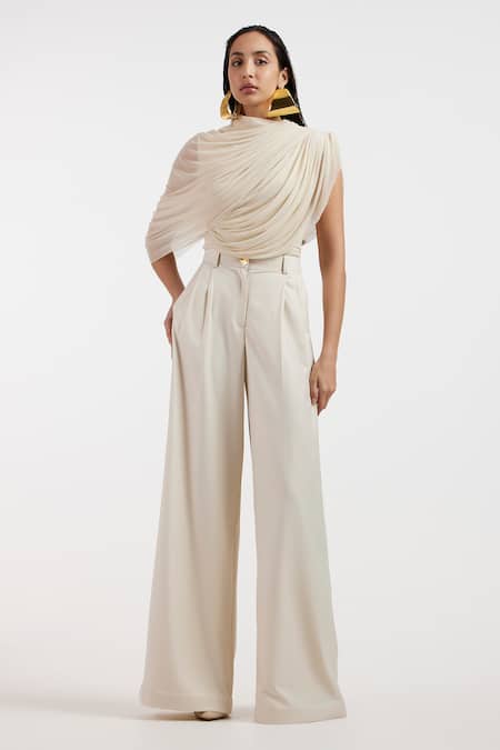 Shop_Deme By Gabriella_Off White Designer Pleated Top And Pant Set _Online_at_Aza_Fashions