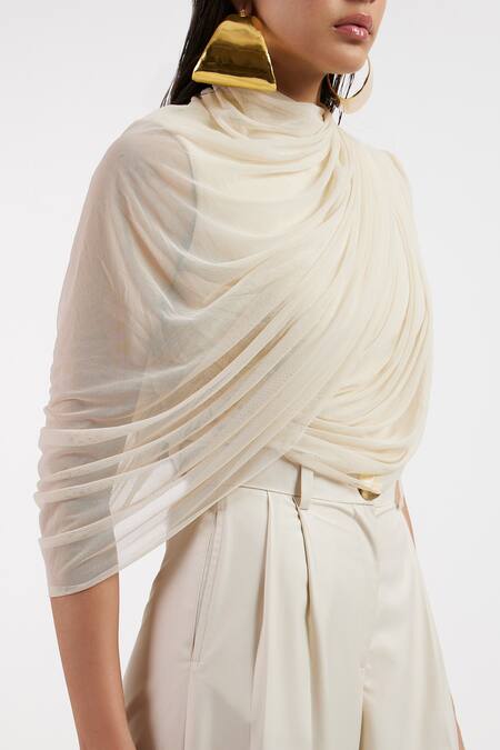 Deme By Gabriella_Off White Designer Pleated Top And Pant Set _at_Aza_Fashions