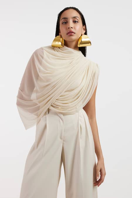 Shop_Deme By Gabriella_Off White Designer Pleated Top And Pant Set 