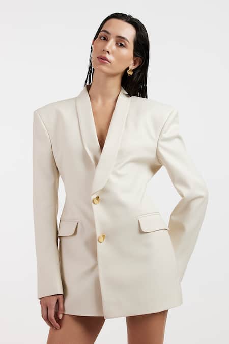 Shop_Deme By Gabriella_Off White Shawl Neck Cleo Blazer Dress _Online_at_Aza_Fashions