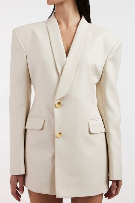 Deme By Gabriella_Off White Shawl Neck Cleo Blazer Dress _at_Aza_Fashions