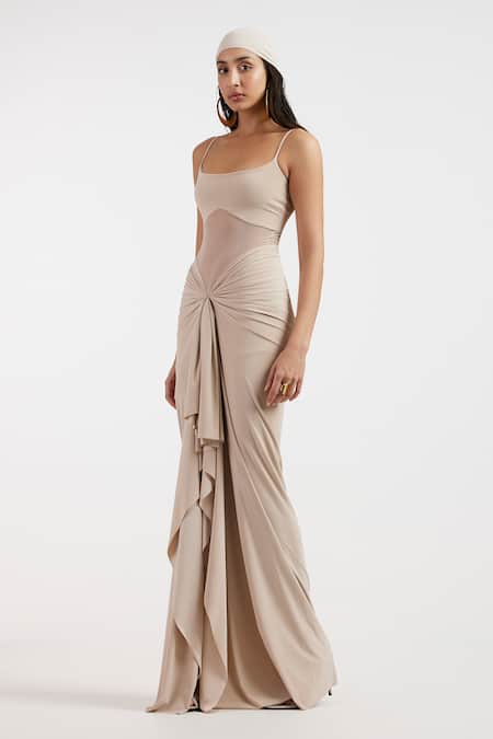 Buy_Deme By Gabriella_Ivory Round Neck Designer Elora Dress _Online_at_Aza_Fashions