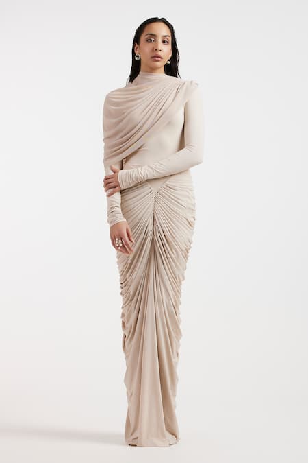 Deme By Gabriella Ivory Asymmetric, High Neck Draped Dress