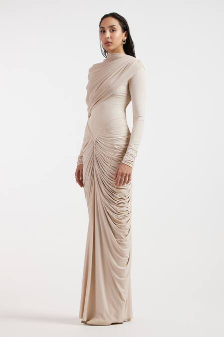 Deme By Gabriella_Ivory Asymmetric, High Neck Draped Dress _Online_at_Aza_Fashions