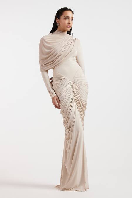 Buy_Deme By Gabriella_Ivory Asymmetric, High Neck Draped Dress _Online_at_Aza_Fashions