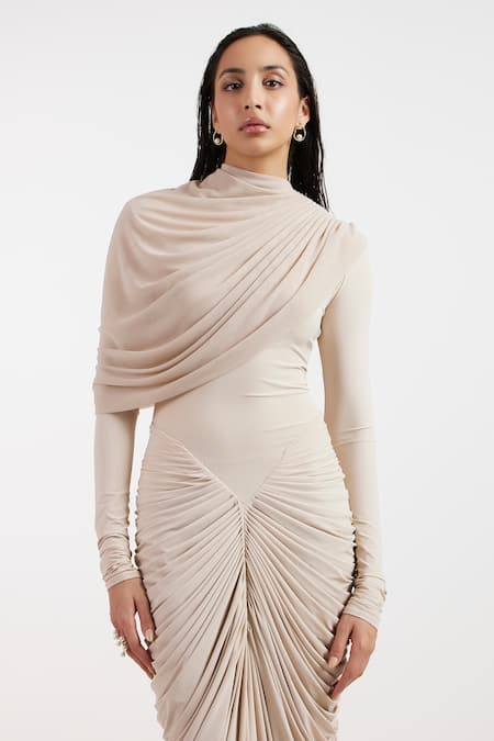 Shop_Deme By Gabriella_Ivory Asymmetric, High Neck Draped Dress _Online_at_Aza_Fashions