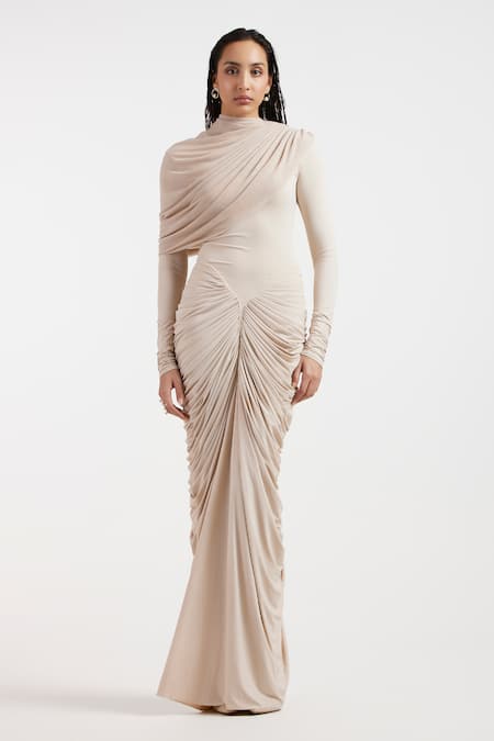 Deme By Gabriella_Ivory Asymmetric, High Neck Draped Dress _at_Aza_Fashions