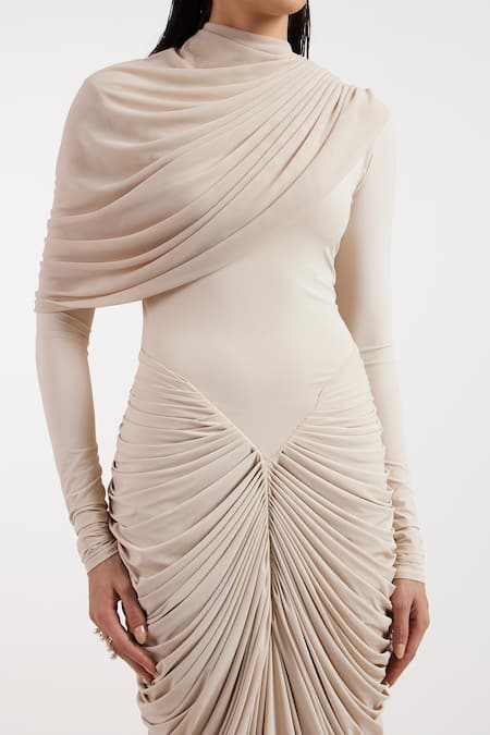 Buy_Deme By Gabriella_Ivory Asymmetric, High Neck Draped Dress 