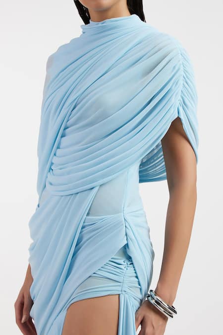 Deme By Gabriella_Blue Net High Neck Baby Draped Fluid Dress _Online_at_Aza_Fashions