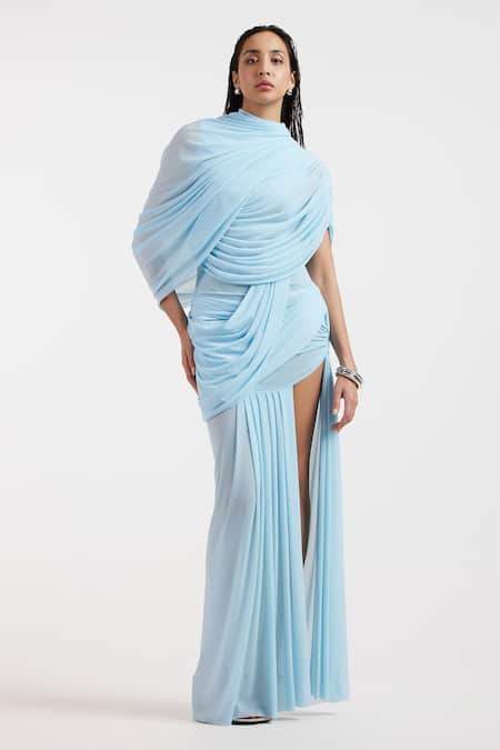 Buy_Deme By Gabriella_Blue Net High Neck Baby Draped Fluid Dress _Online_at_Aza_Fashions