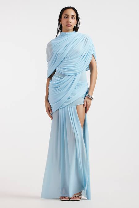 Deme By Gabriella_Blue Net High Neck Baby Draped Fluid Dress _at_Aza_Fashions