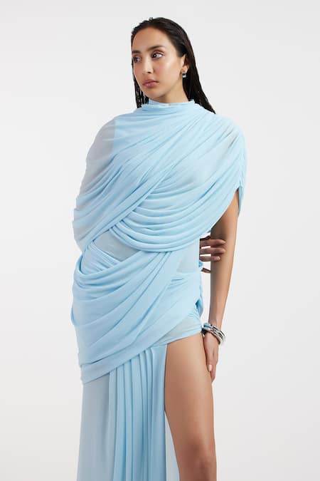 Buy_Deme By Gabriella_Blue Net High Neck Baby Draped Fluid Dress 
